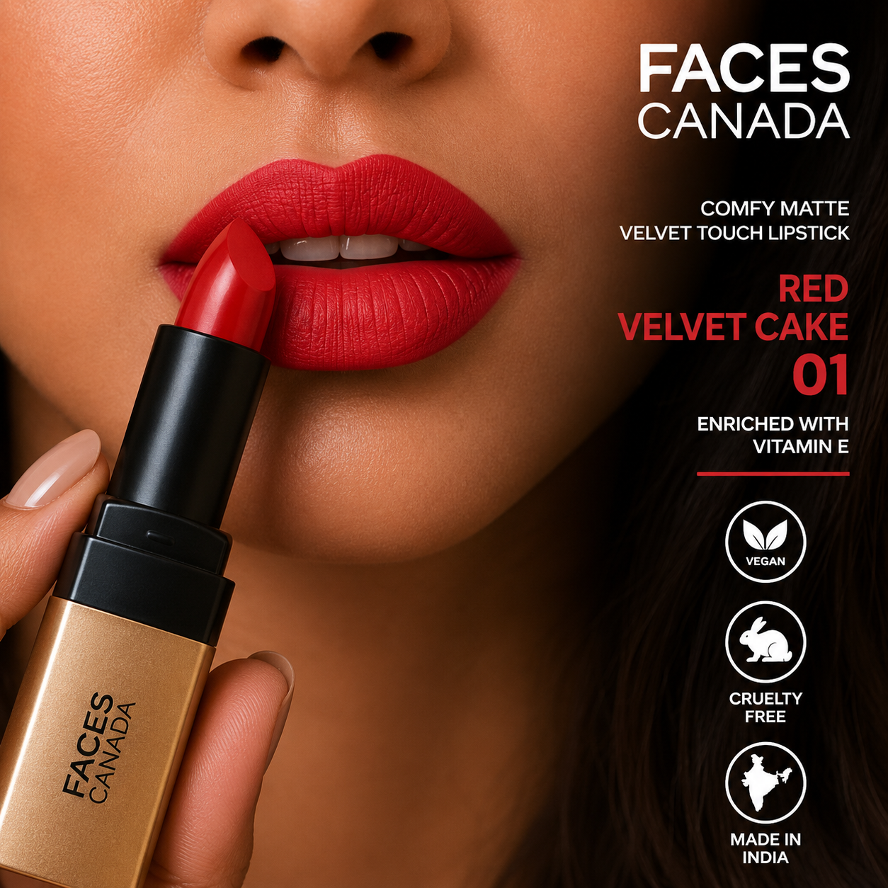Faces Canada Comfy Matte Velvet Touch Lipstick – Red Velvet Cake 01 | Long Lasting Matte Finish | 4.2g