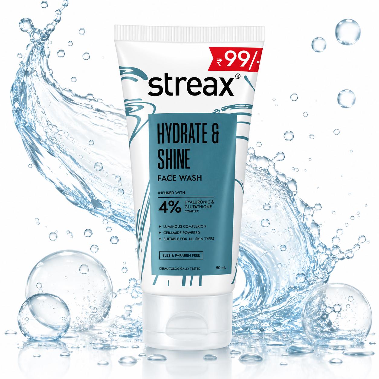 Streax Hydrate & Shine Face Wash with 4% Hyaluronic & Glutathione Complex | Hydrating Glow Face Cleanser | 50ml