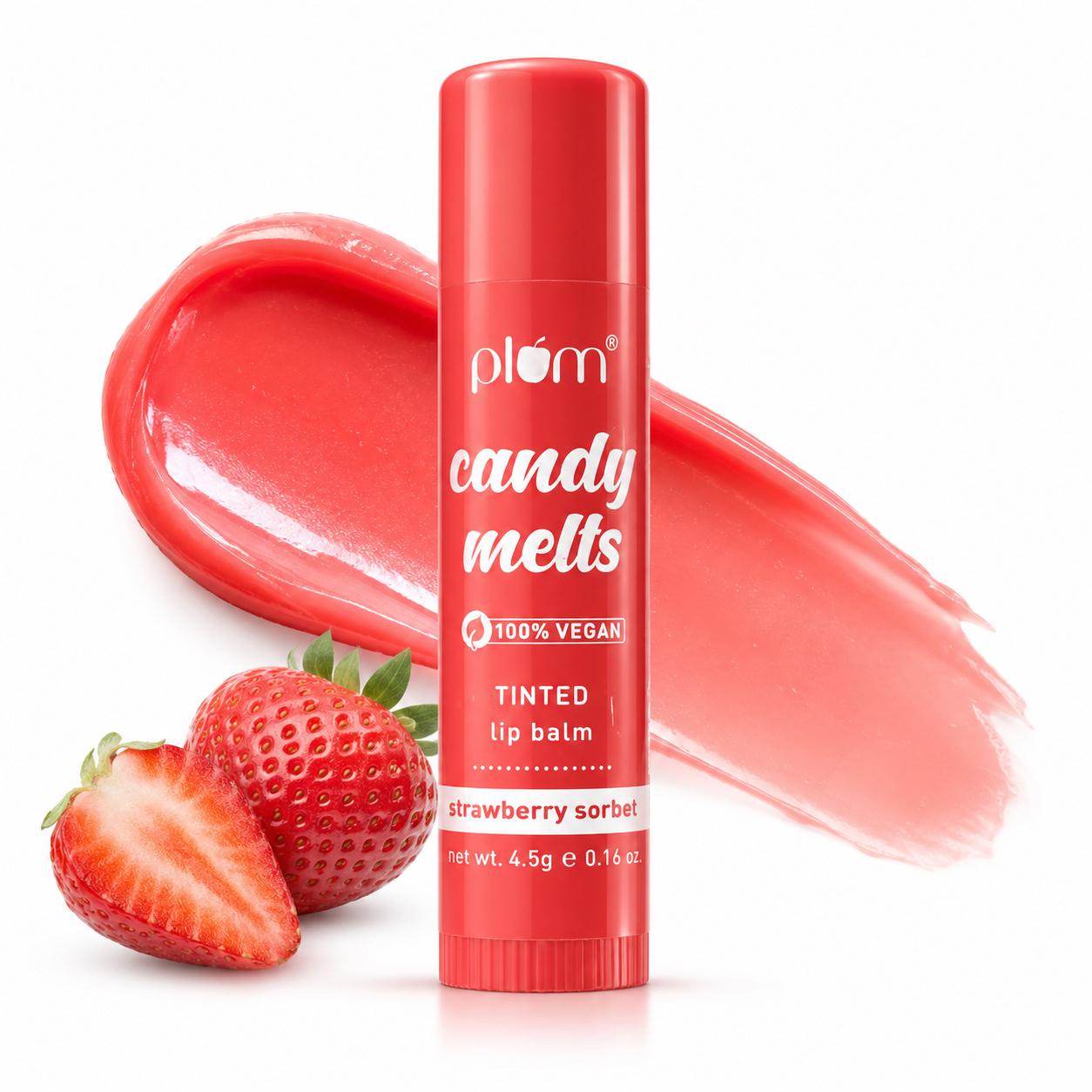Plum Candy Melts Tinted Lip Balm - Strawberry Sorbet | Moisturizing Vegan Lip Balm | 4.5g
