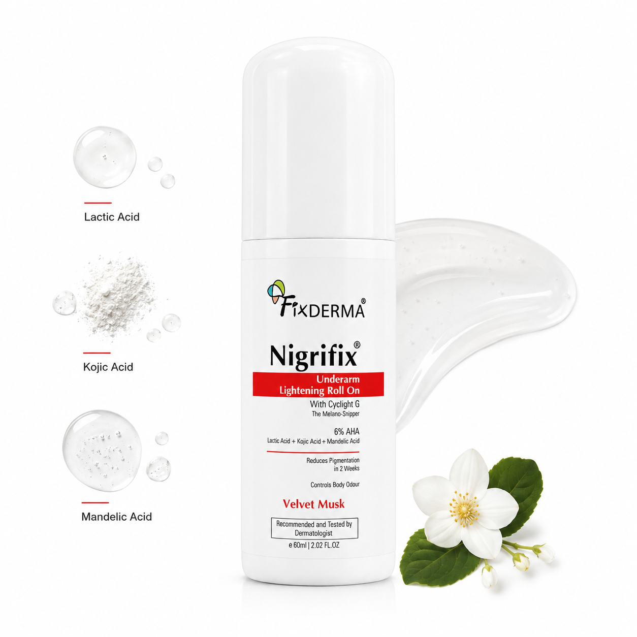 FixDerma Nigrifix Underarm Lightening Roll On | Lactic Acid, Kojic Acid & Mandelic Acid | 60ml